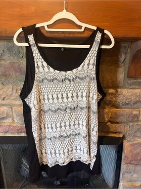 Signature Studio Black Tank with White Crochet Lace Overlay